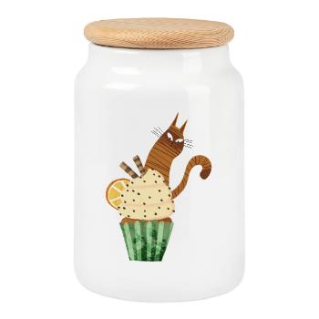 Mignonne conception de cupcakes pour chats, nourriture Kawaii pour chats drôle - Boîte à biscuits avec couvercle en bois - blanc - Devant