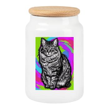 cat - Cookie Jar with Wooden Lid - white - Front