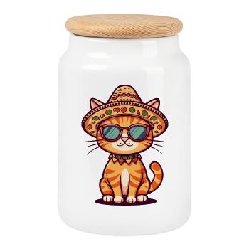 Cat Comic Funny Sombrero - Cookie Jar with Wooden Lid - white - Front