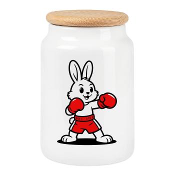 hare boxing - Cookie Jar with Wooden Lid - white - Front