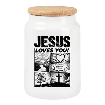 Conception de bandes dessinées « Jésus t’aime » - Boîte à biscuits avec couvercle en bois - blanc - Devant