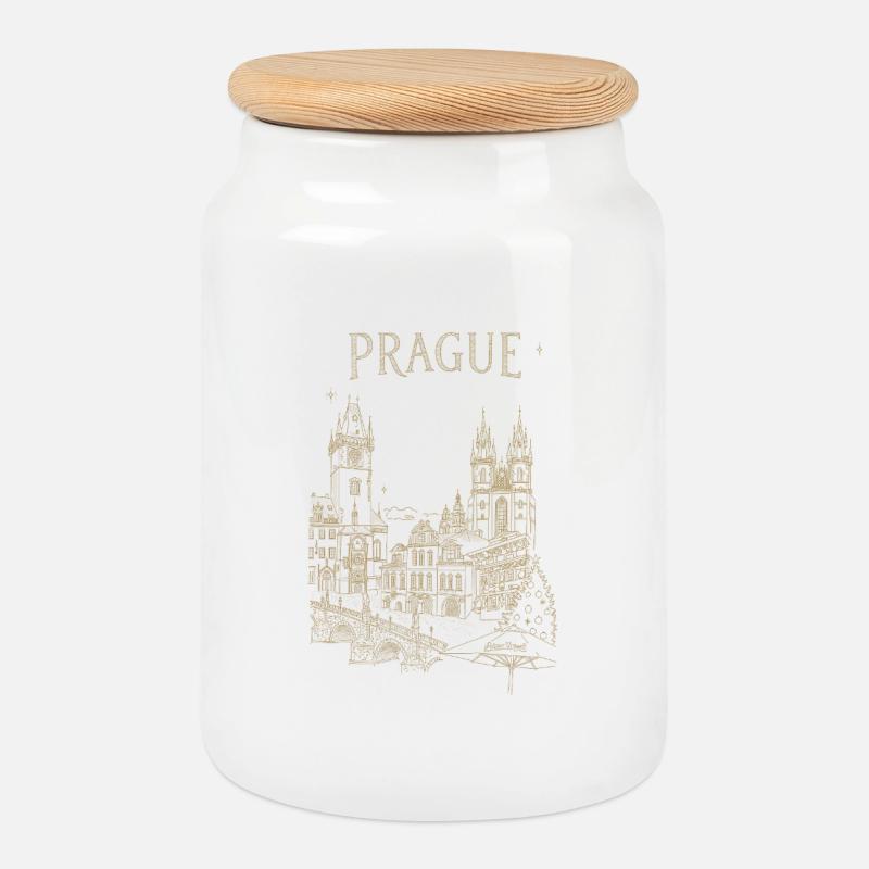 Stylized Prague - Cookie Jar with Wooden Lid - white
