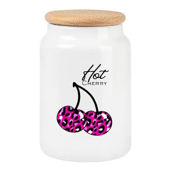 Pink leopard pattern cherry - Cookie Jar with Wooden Lid - white - Front