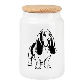 Basset-Hound_Hund_stehend_schwarz - Keksdose mit Holzdeckel - Weiß - Vorne