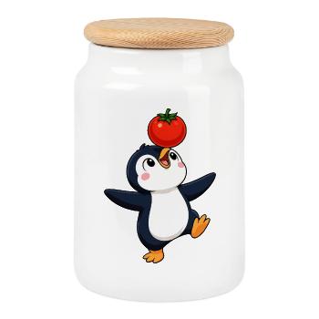 Cute Penguin Dancing Vegetables Joy Cartoon - Cookie Jar with Wooden Lid - white - Front