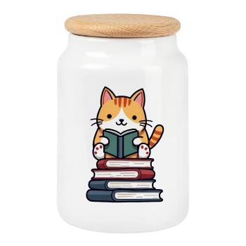 Cat reading a book - Cookie Jar with Wooden Lid - white - Front