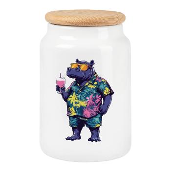 Été de bandes dessinées Hippopotamus - Boîte à biscuits avec couvercle en bois - blanc - Devant