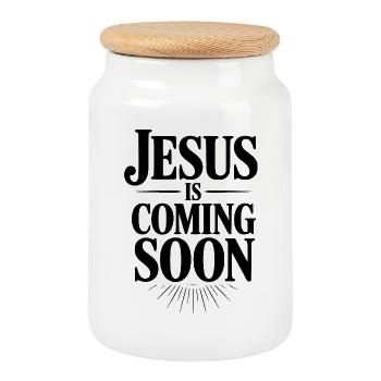 Jesus Is Coming Soon - Cookie Jar with Wooden Lid - white - Front