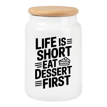 La vie est courte Mange d’abord le dessert - Boîte à biscuits avec couvercle en bois - blanc - Devant
