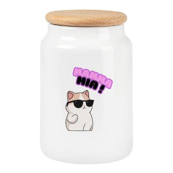 Chat cool avec des lunettes de soleil – Miaou - Boîte à biscuits avec couvercle en bois - blanc - Devant