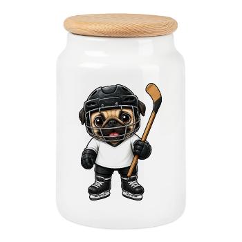 Süßer Mops Eishockeyspieler Comic Cartoon - Cookie Jar with Wooden Lid - white - Front