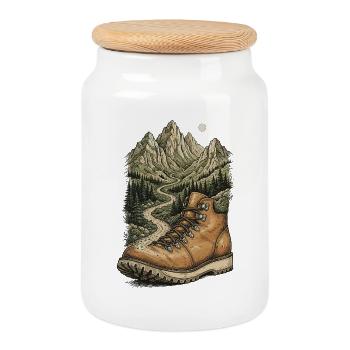 Randonnée - Aventure en plein air - Boîte à biscuits avec couvercle en bois - blanc - Devant