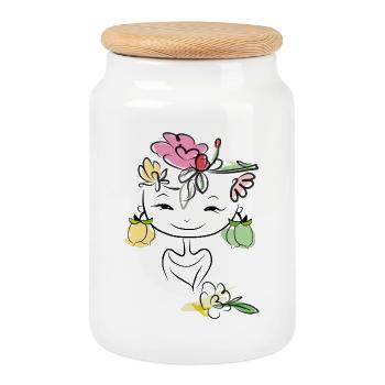 Girl with lemons as earrings - Cookie Jar with Wooden Lid - white - Front