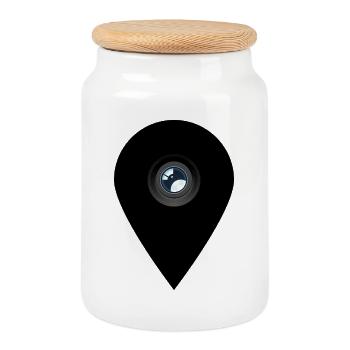 Dark Silhouette Camera Lens Location Pin Art - Cookie Jar with Wooden Lid - white - Front