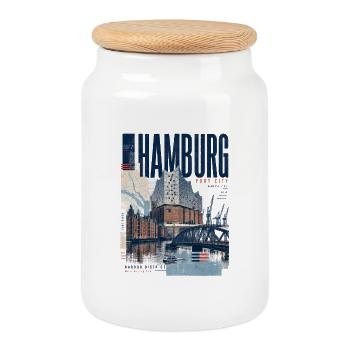 Hamburg Port Blue Collage - Boîte à biscuits avec couvercle en bois - blanc - Devant