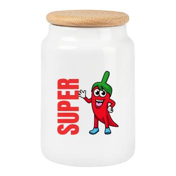 Pepper Hero: Playful Chili Mascot - Cookie Jar with Wooden Lid - white - Front