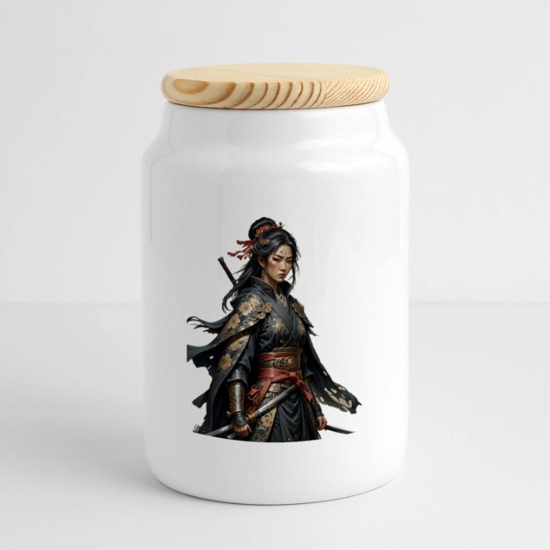 Black Samurai with Gold Patterns Cookie Jar with Wooden Lid