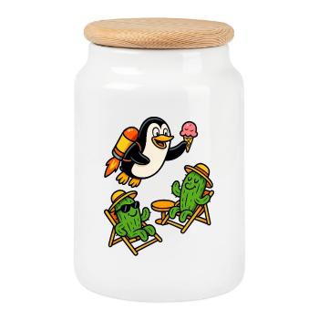 Pingouin Jetpack - Boîte à biscuits avec couvercle en bois - blanc - Devant