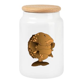 Plumpiges Spiegelkarpfen-Cartoon-Angeldesign - Keksdose mit Holzdeckel - Weiß - Vorne