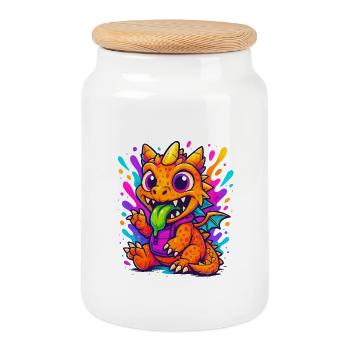 Bunter Dinosaurier mit Schleim und Flügel - Keksdose mit Holzdeckel - Weiß - Vorne