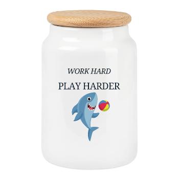 Travailler dur, jouer, plus dur, Shark - Boîte à biscuits avec couvercle en bois - blanc - Devant