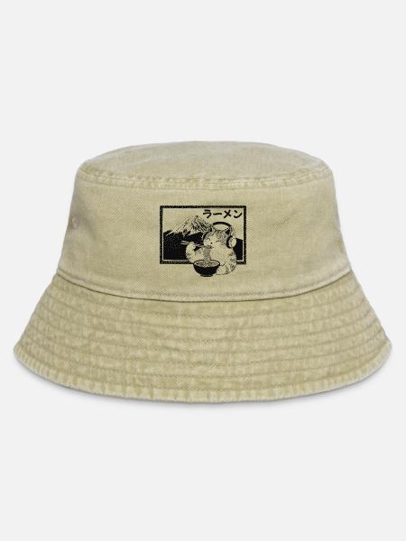 Ramen Kitten Mount Fuji - Vintage Bucket Hat - Vintage Beige