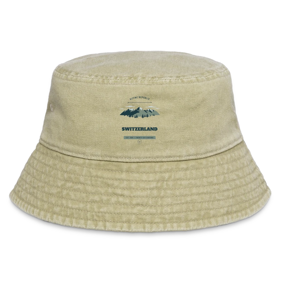 Switzerland badge on a vintage bucket hat, vintage beige