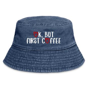 ok first coffee Kaffee Spruch Schrift Frühstück - Vintage Bucket Hat - Vintage Denim - Vorne