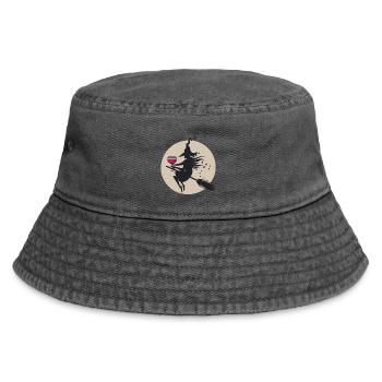 Moonlit Witch on Broom with Wine - Vintage Bucket Hat - vintage black - Front