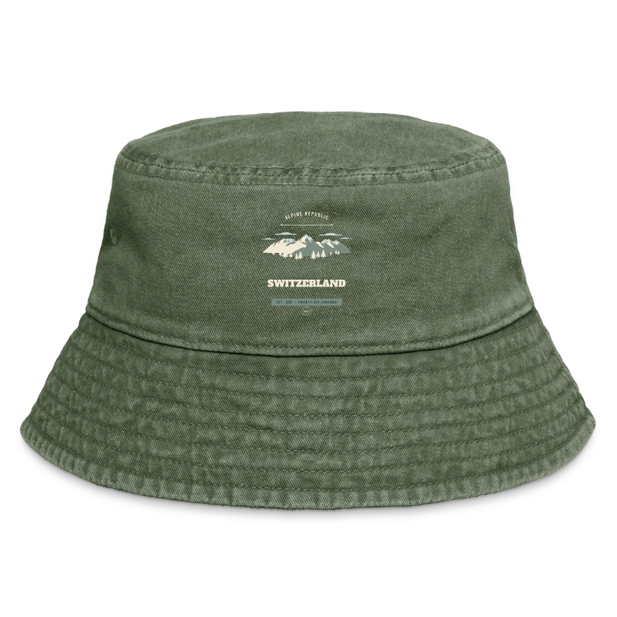 Switzerland badge on a vintage bucket hat, vintage olive