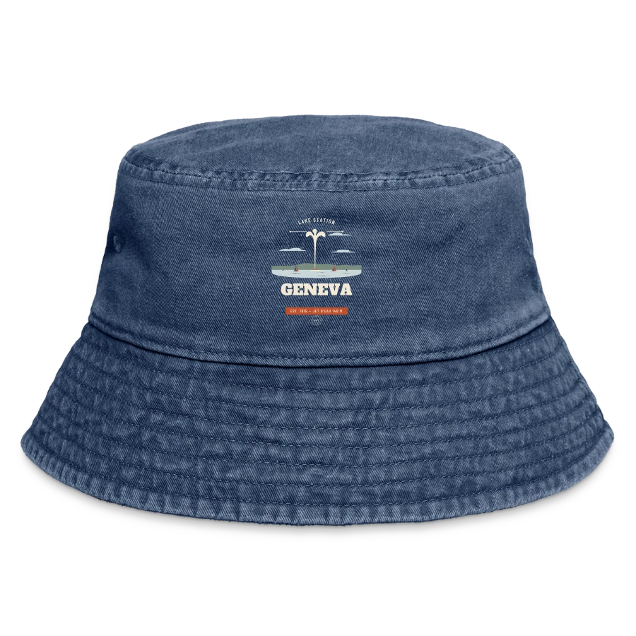 Geneva badge on a vintage bucket hat, vintage denim