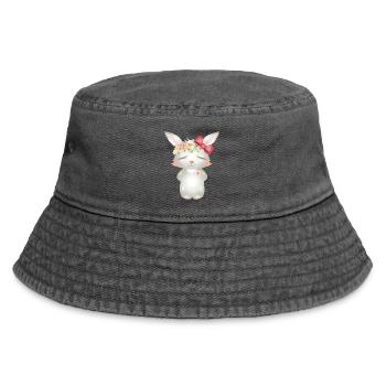 niedlicher weißer Hase mit Blumen und Schleife - Vintage Bucket Hat - Vintage Schwarz - Vorne
