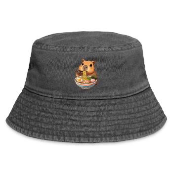 Capybara Eats Ramen Noodles - Vintage Bucket Hat - vintage black - Front