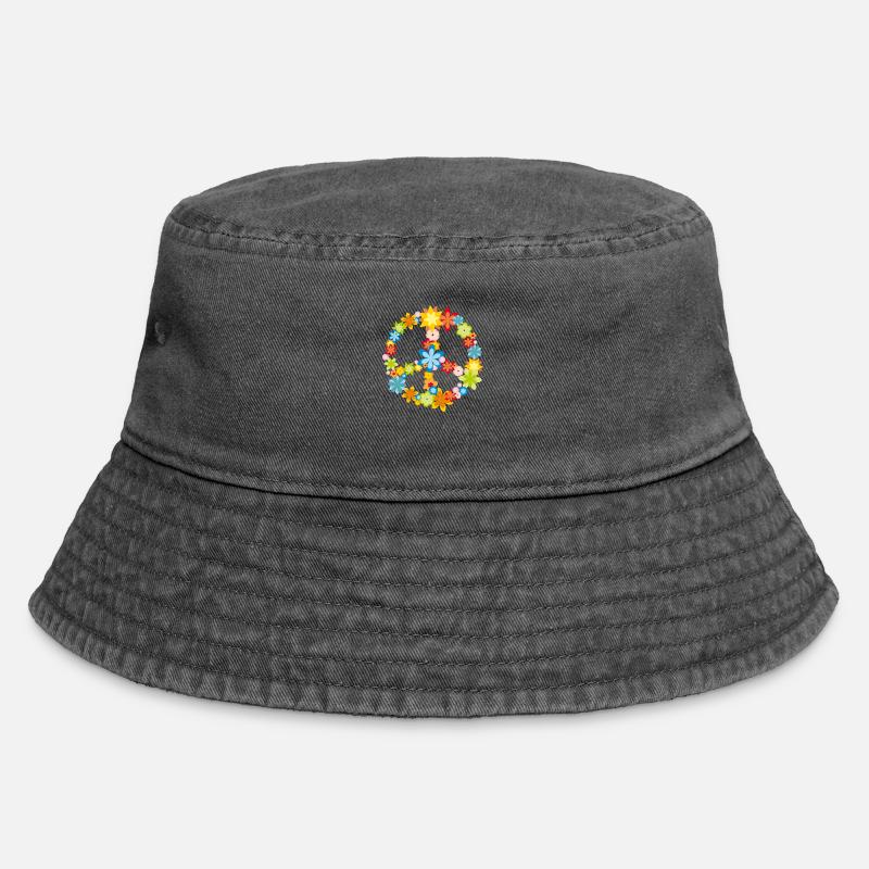 Frieden/Peace Symbol mit Blumen - Vintage Bucket Hat - Vintage Schwarz