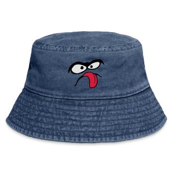 Thick Eyebrows Comic Face Tongue Stick Out - Vintage Bucket Hat - vintage denim - Front