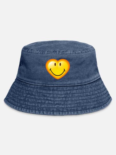 Smiley Glossy Heart - Vintage Bucket Hat - Vintage Denim