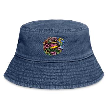 Herz Krone Blumen Kolibri Design - Vintage Bucket Hat - Vintage Denim - Vorne