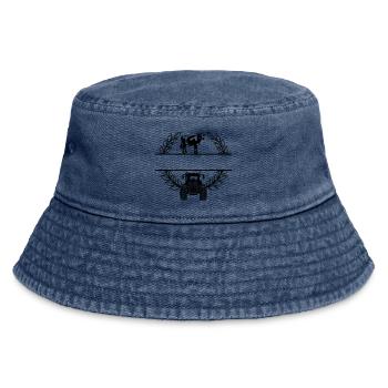 Couronne de laurier avec vache et tracteur – Texte propre - Bob vintage - vintage bleu jeans - Devant