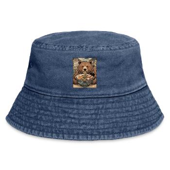 Bear Ramen Feast Ukiyo-e - Vintage Bucket Hat - vintage denim - Front