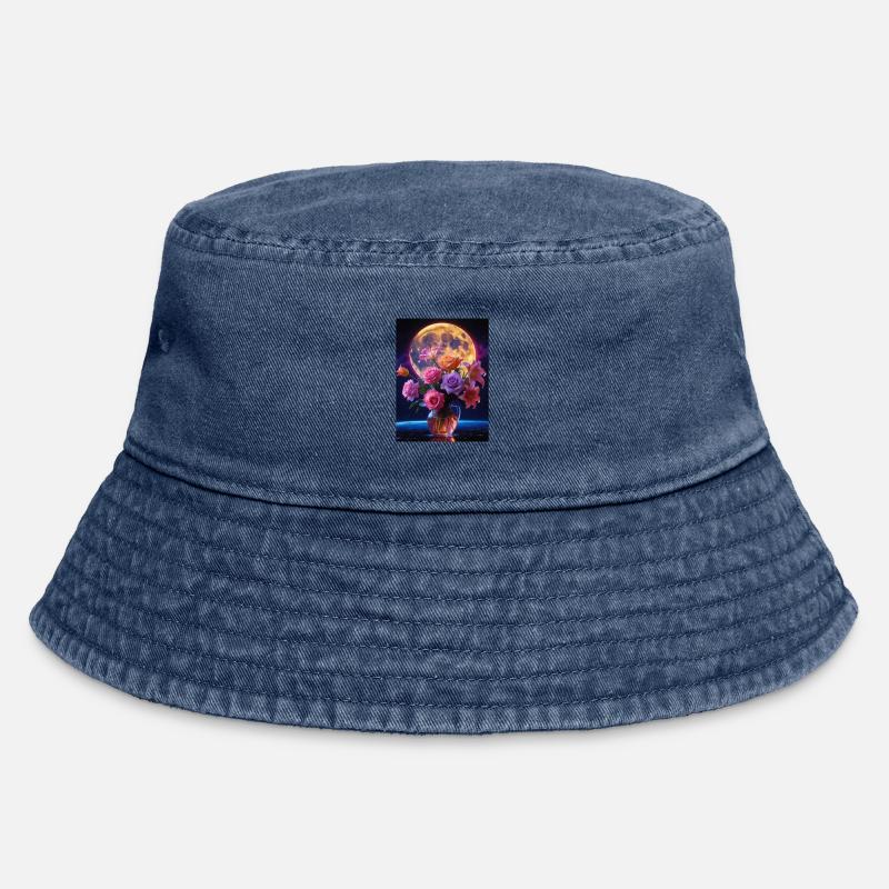 Celestial Bloom Under Full Moon - Vintage Bucket Hat - vintage denim
