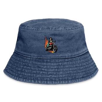 Weibliche Biker mit Flammen - Vintage Bucket Hat - Vintage Denim - Vorne