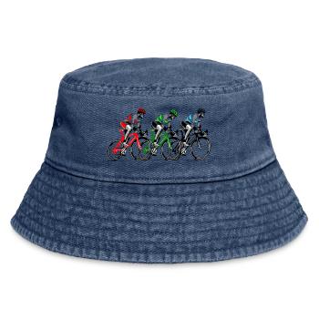 Trois cyclistes en mouvement - Bob vintage - vintage bleu jeans - Devant