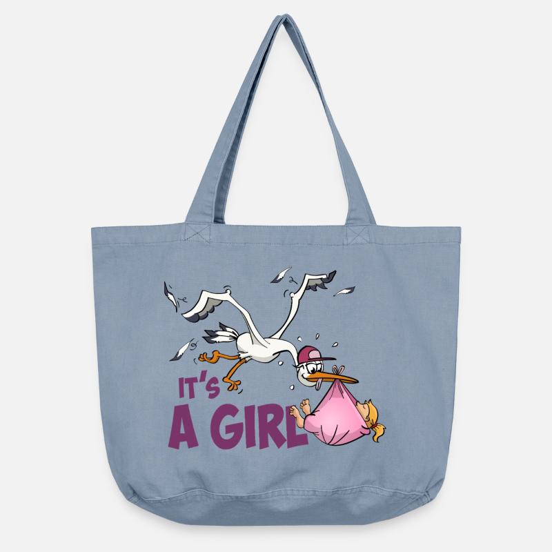 Storch mit Mädchen; "Es ist ein Mädchen" - Vintage-Washed Shopper - vintage light blue