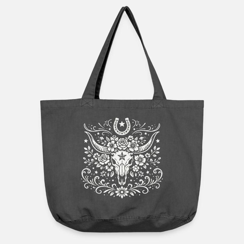 Crâne de buffle avec des fleurs - Sac cabas vintage délavé - noir vintage