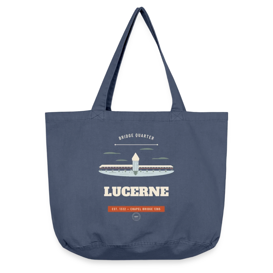 Lucerne badge on a vintage-washed shopper, vintage denim