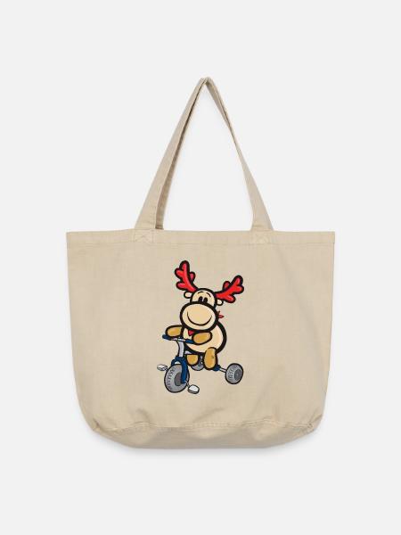 Lachendes Comic-Rentier fährt Dreirad - Vintage-Washed Shopper - Vintage Sand