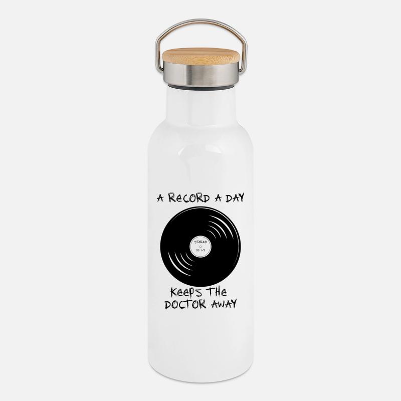 a record a day keeps the doctor away 33 1/3 sketch - Thermal Bottle with Bamboo Lid - white