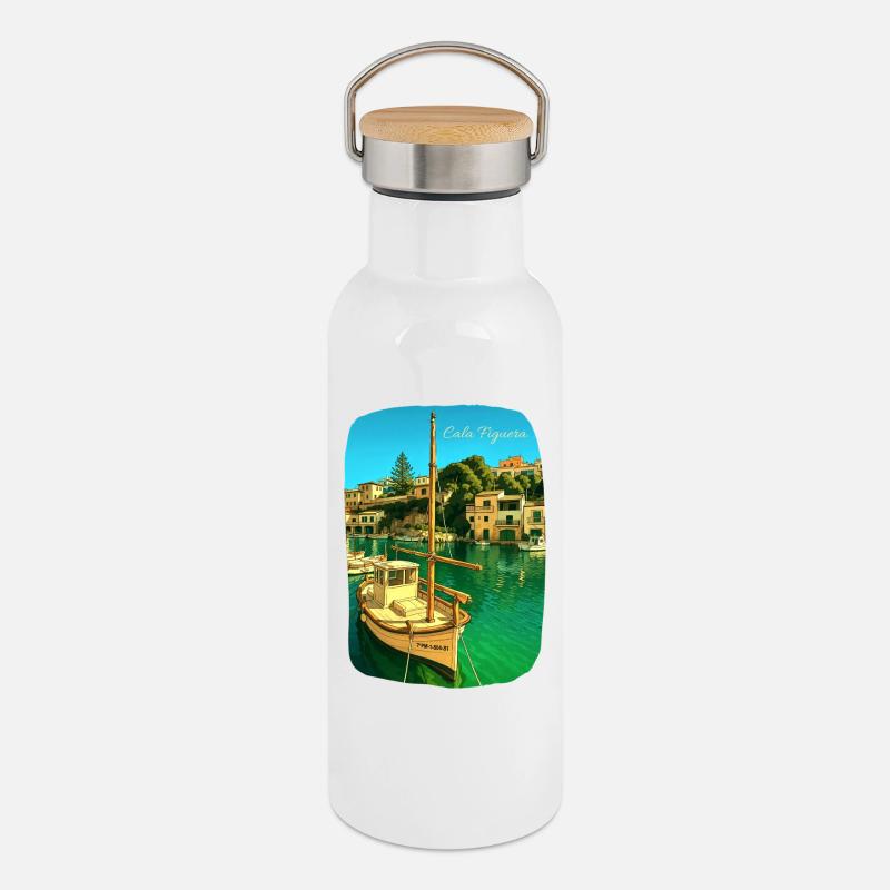 Cala Figuera - Majorque - Gourde isotherme avec bouchon en bambou - blanc