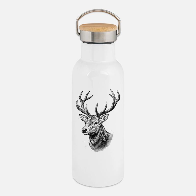 Deer Head Woodcut - Thermal Bottle with Bamboo Lid - white