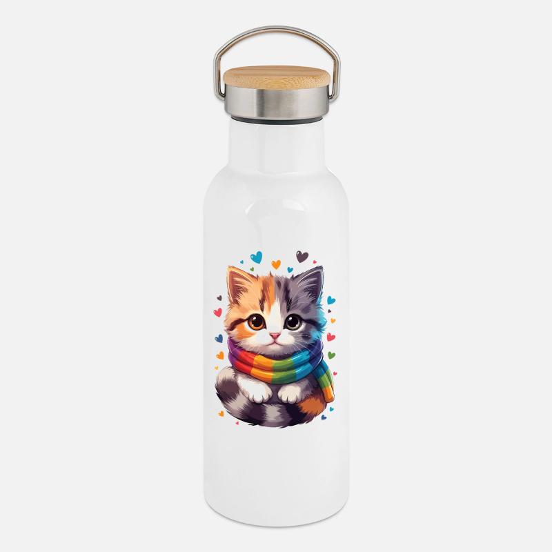 Rainbow Kitten Scarf - Thermal Bottle with Bamboo Lid - white